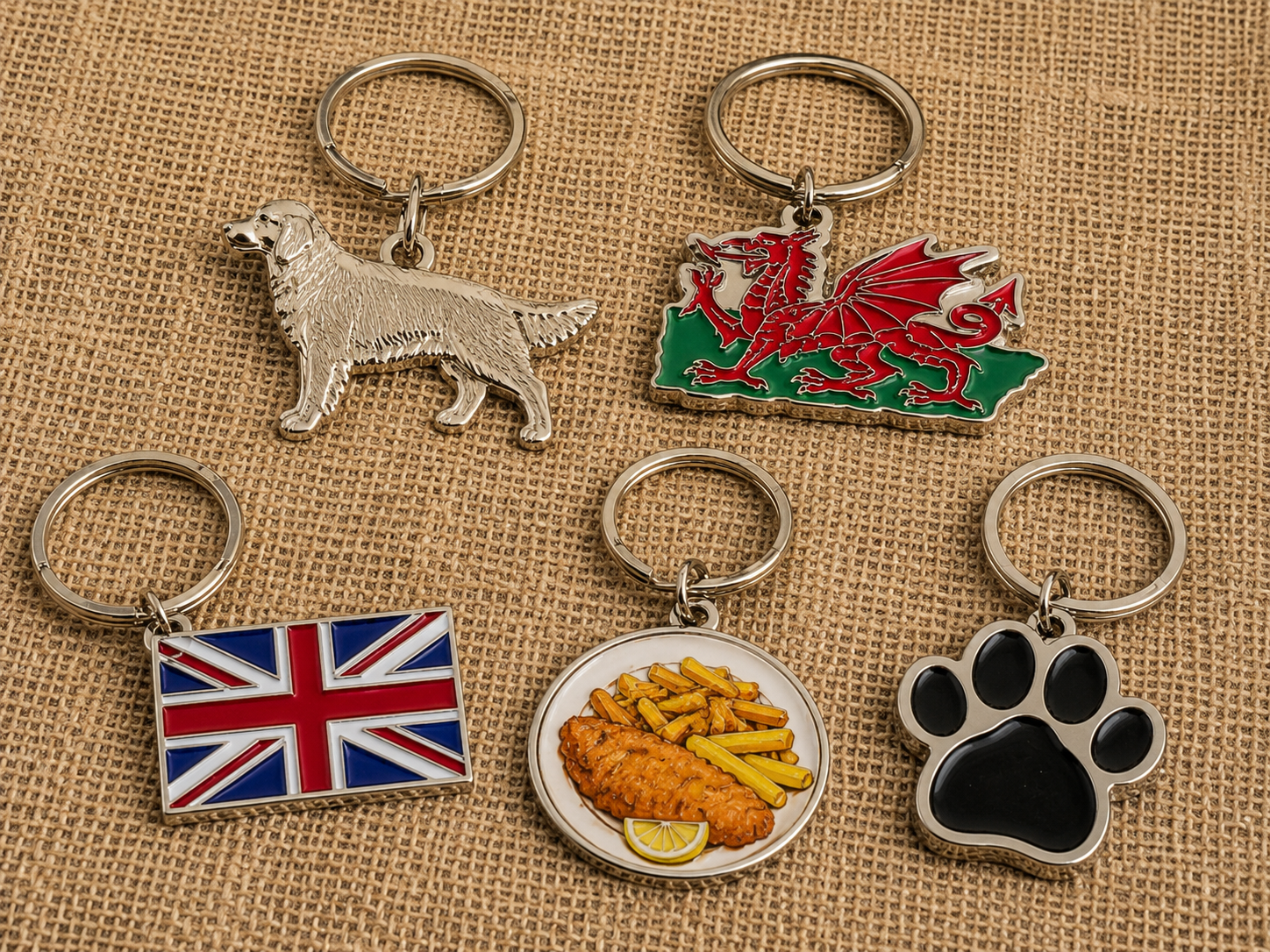 Assorted novelty keyrings on hessian fabric including animal, flag, and character designs