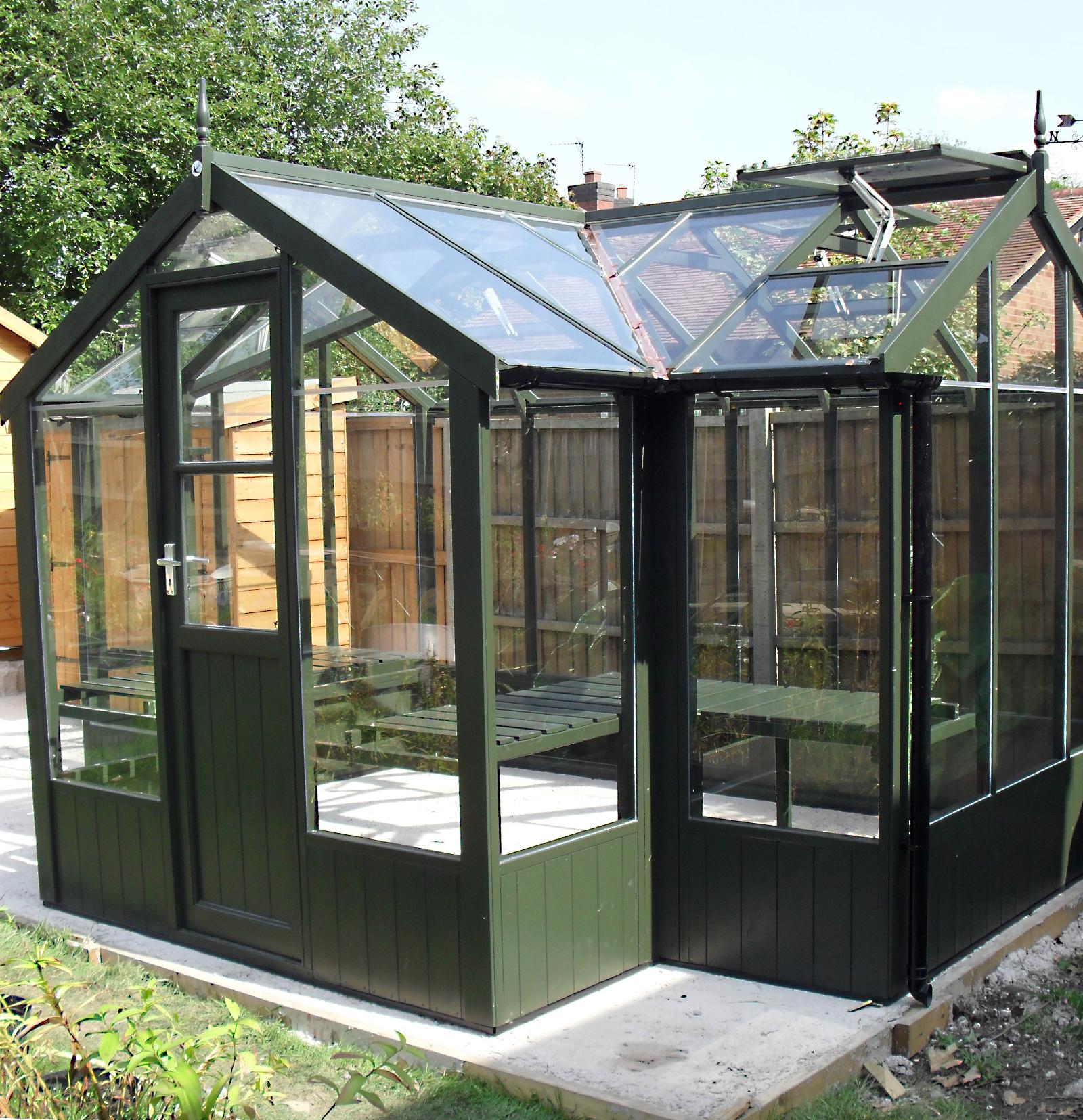 cygnet t shaped greenhouse painted olive