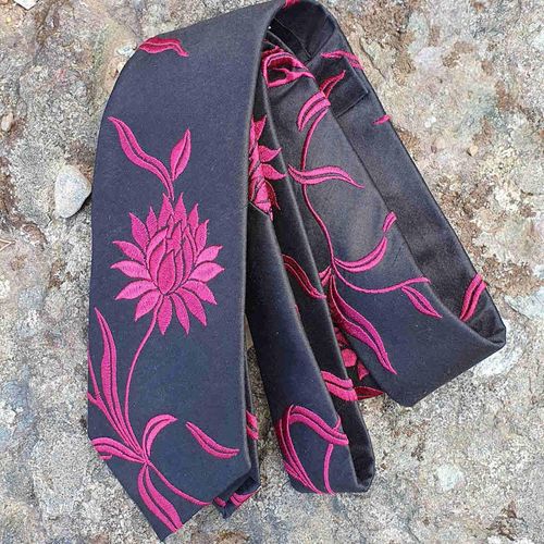 Pure Silk Necktie Embroidered Black-Fuchsia 2"