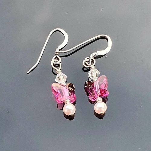 Sterling Silver Crystal Pearl & Butterfly Drop Earrings