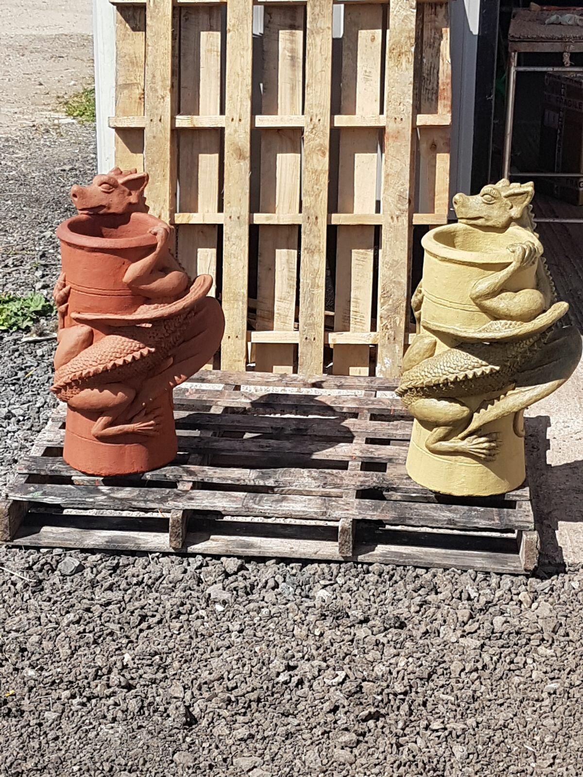 Dragon pots terracotta and bathstone on a wooden pallet