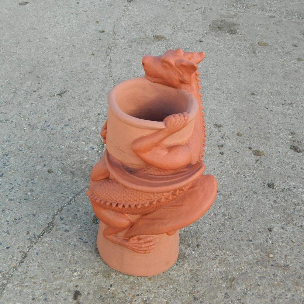 Chimney pot with dragon sculpture two tone terracotta