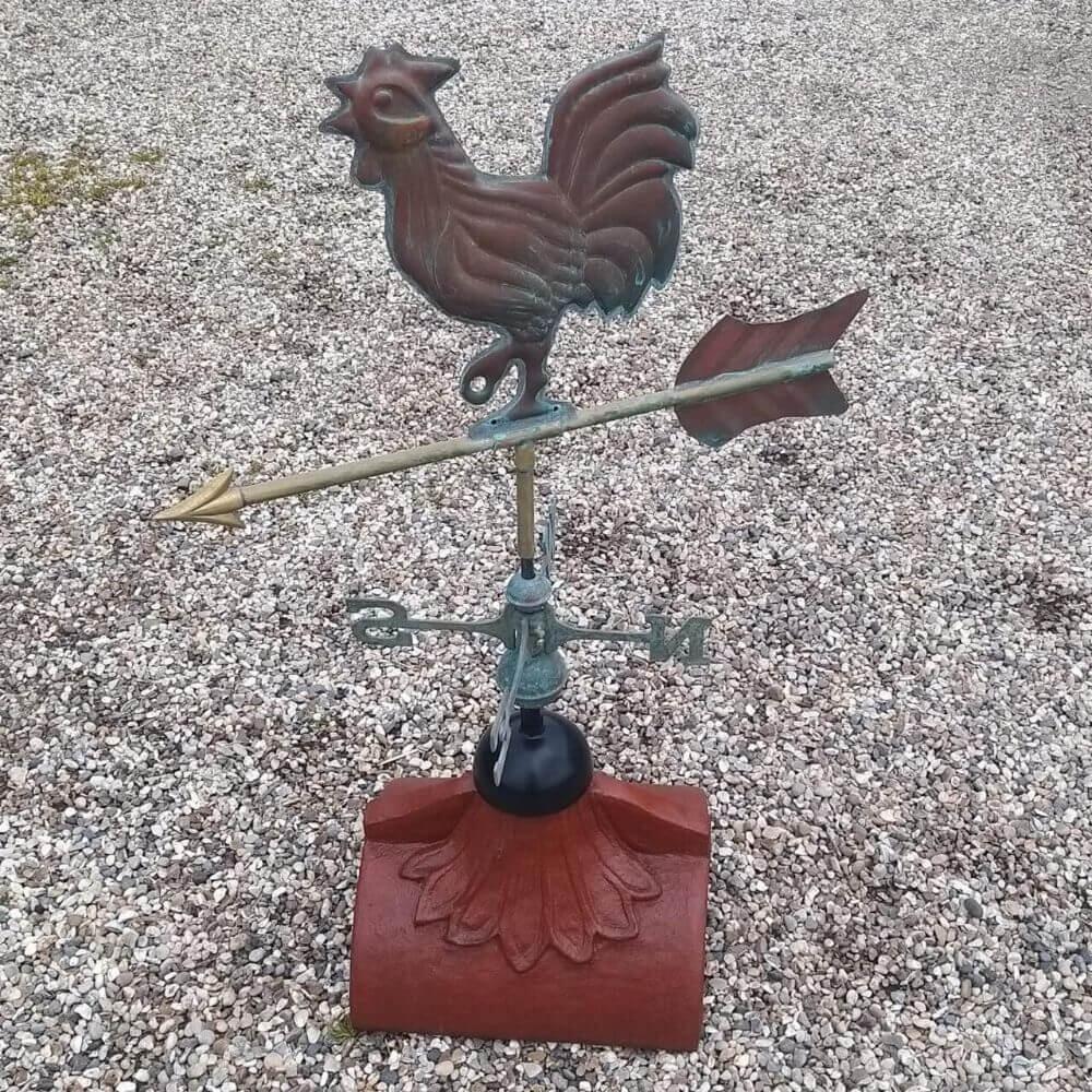 Cockerel weathervane fitted to a half round roof finial