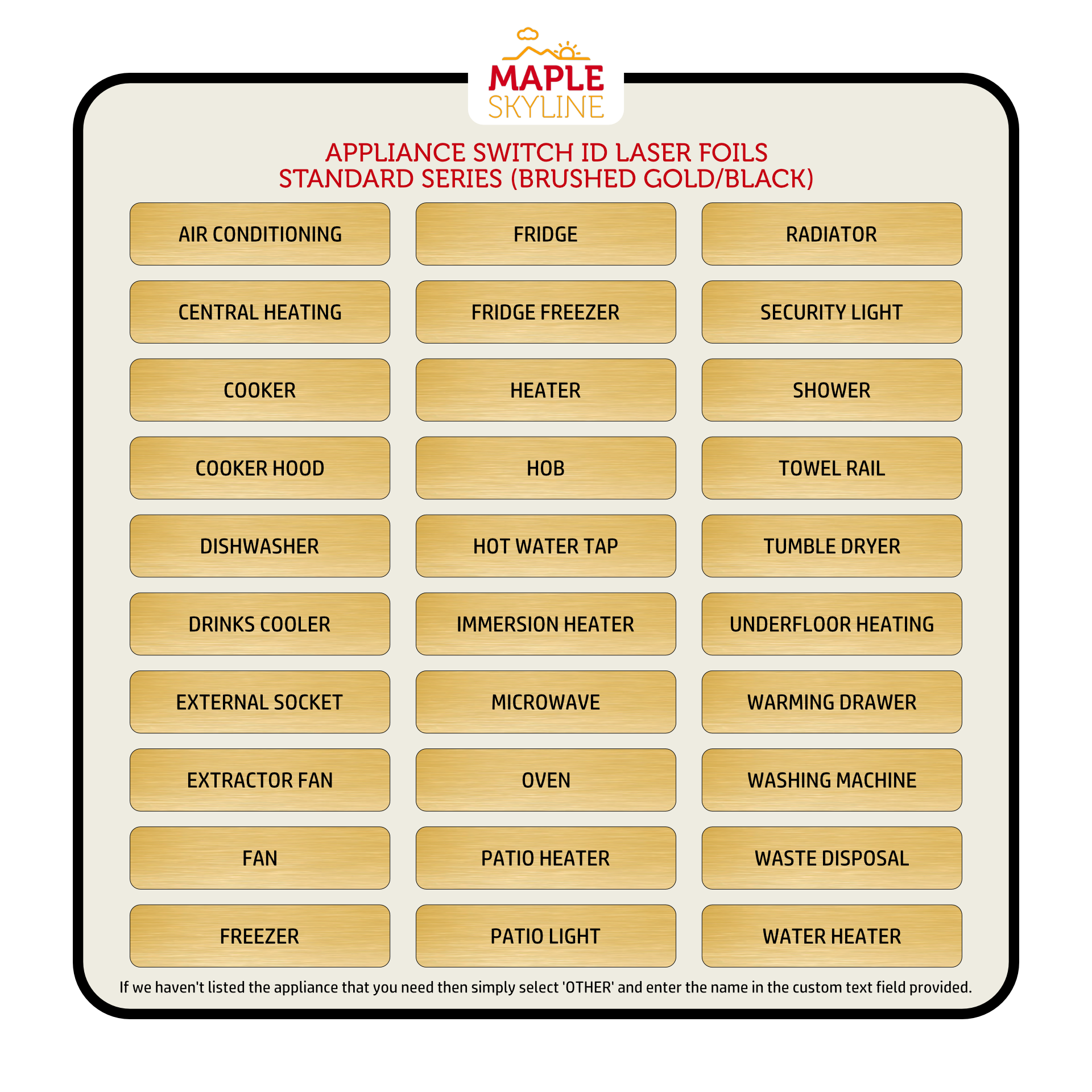 Appliance Switch ID Engraved Laser Foil (Gold)