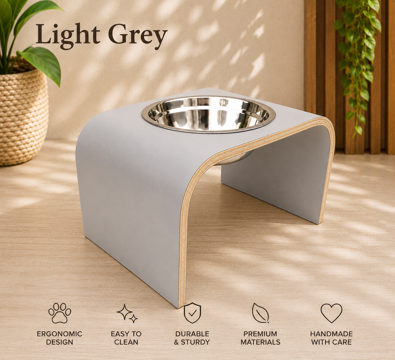 Handmade light grey raised dog bowl stand with stainless steel bowl, modern curved wooden elevated feeder for dogs and cats by Lola & Daisy Designer Pets.