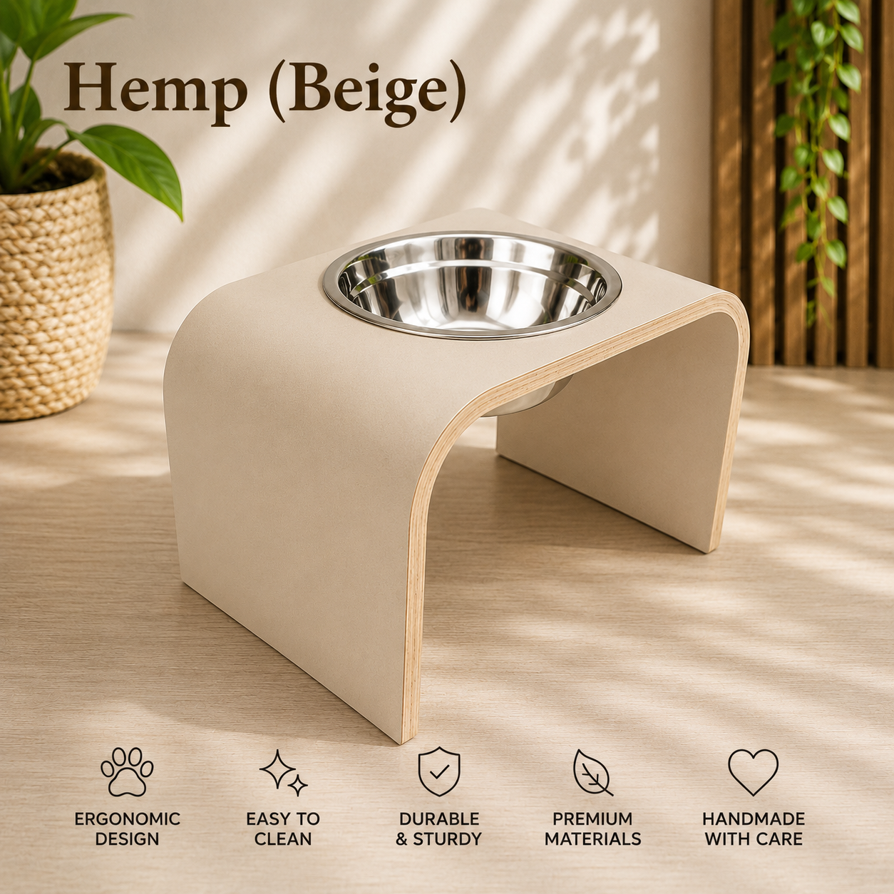 Handmade beige raised dog bowl stand with stainless steel bowl, modern curved wooden elevated feeder for dogs and cats by Lola & Daisy Designer Pets.