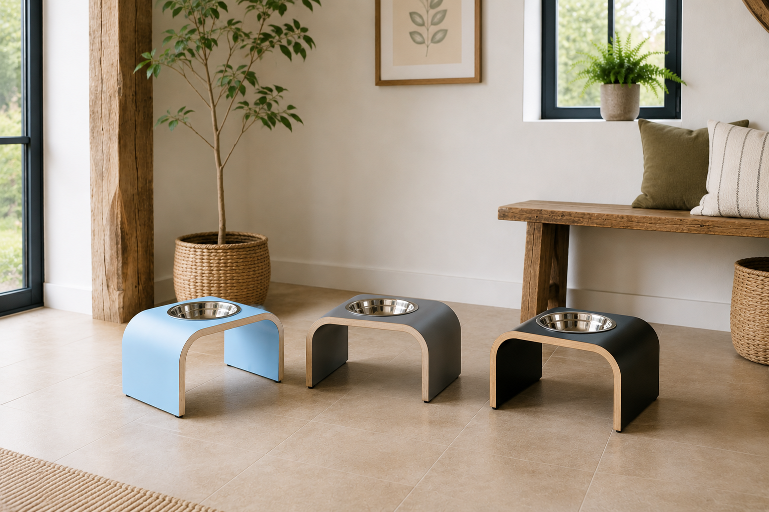 Lifestyle shot of single bowl wooden raised dog bowl stands in black, dark grey and powder blue in bright modern home setting