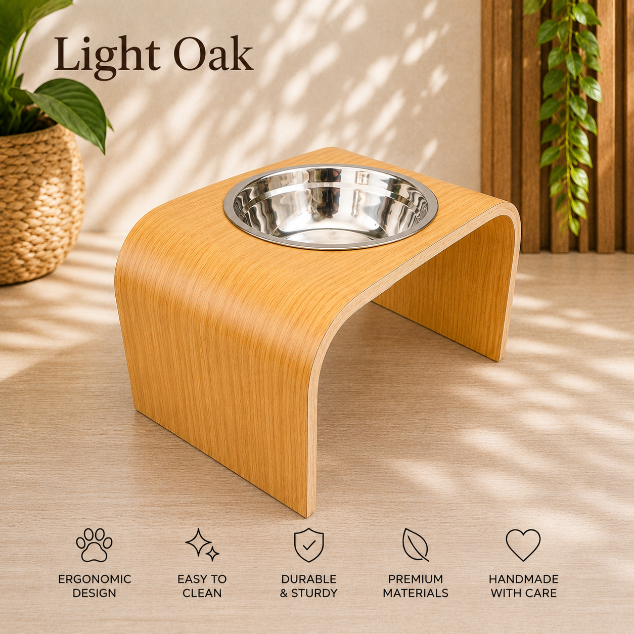 Handmade light oak raised dog bowl stand with stainless steel bowl, modern curved wooden elevated feeder for dogs and cats by Lola & Daisy Designer Pets.