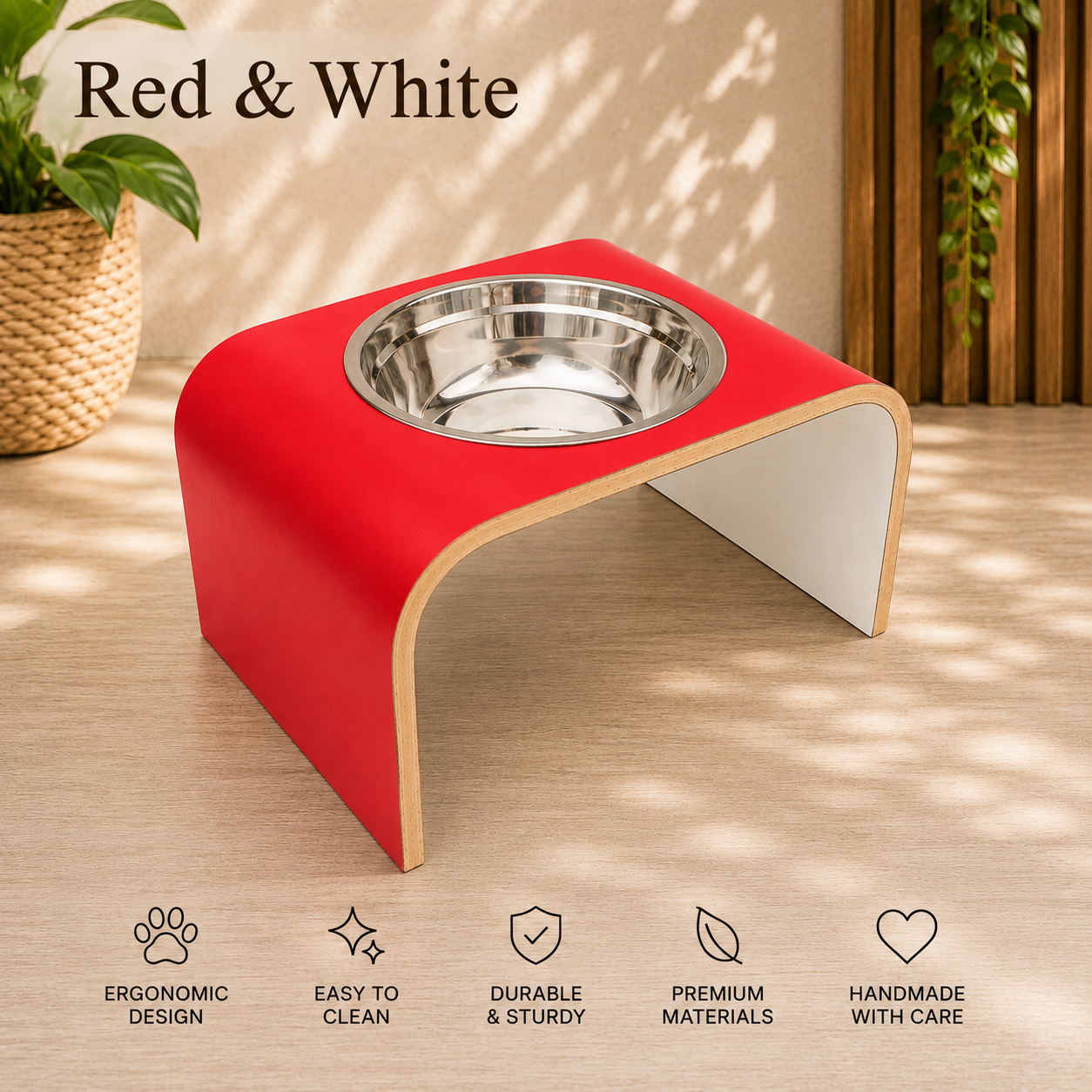 Handmade red and white raised dog bowl stand with stainless steel bowl, modern curved wooden elevated feeder for dogs and cats by Lola & Daisy Designer Pets.