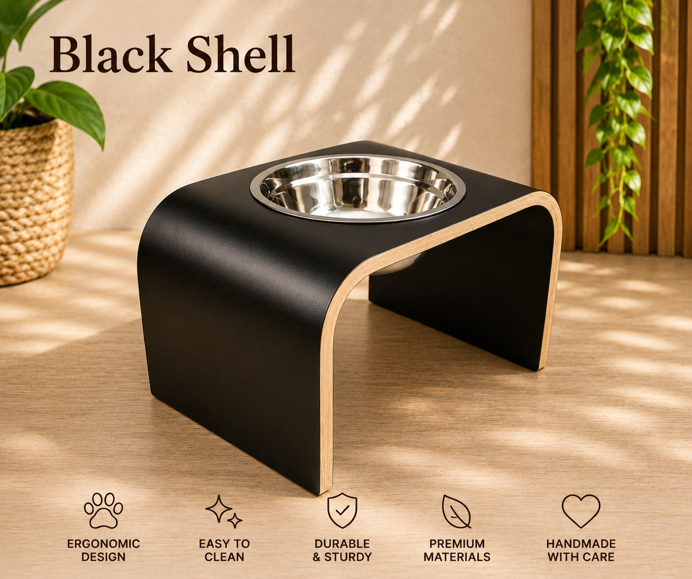 Handmade black shell raised dog bowl stand with stainless steel bowl, modern curved wooden elevated feeder for dogs and cats by Lola & Daisy Designer Pets.