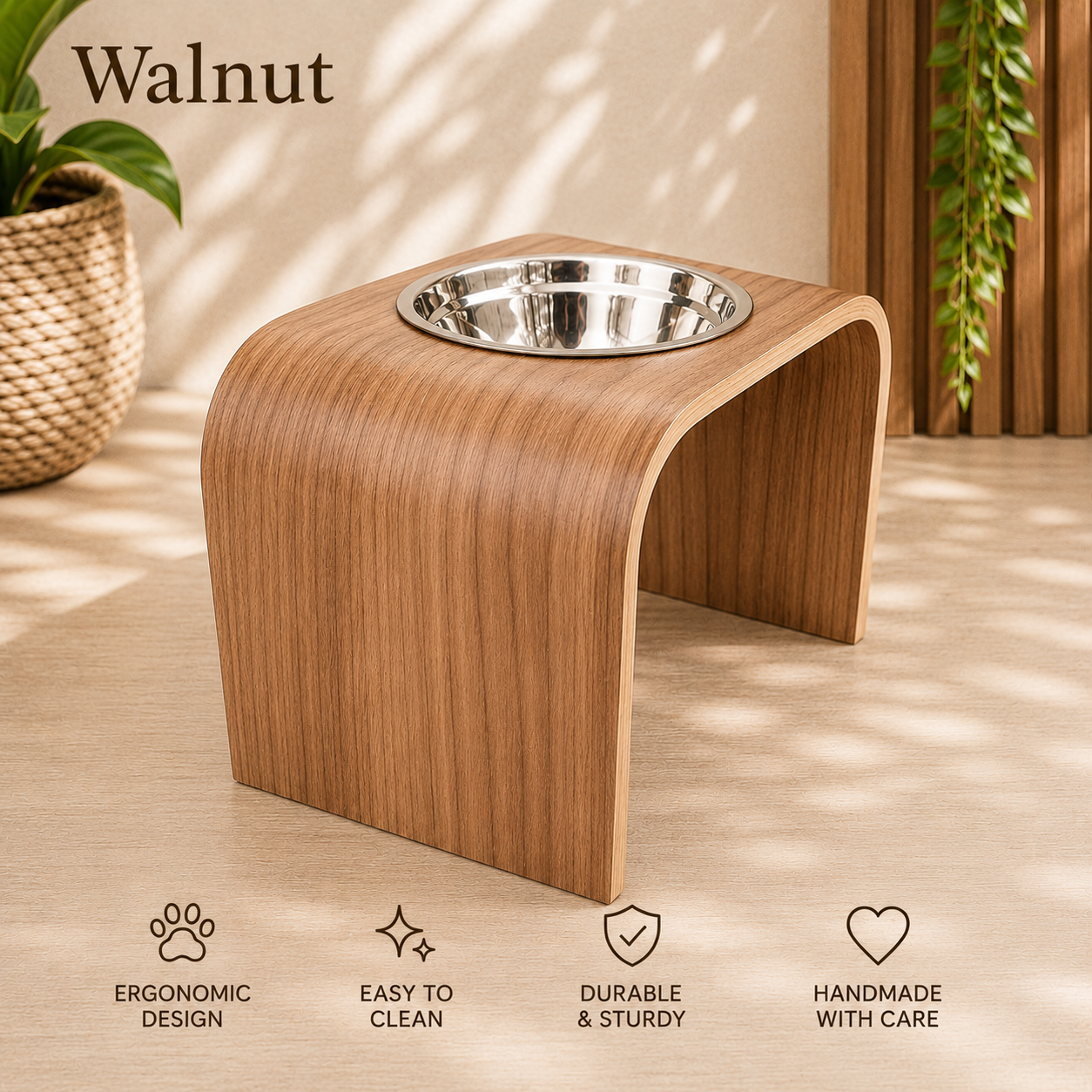 Handmade walnut raised dog bowl stand with stainless steel bowl, modern curved wooden elevated feeder for dogs and cats by Lola & Daisy Designer Pets.