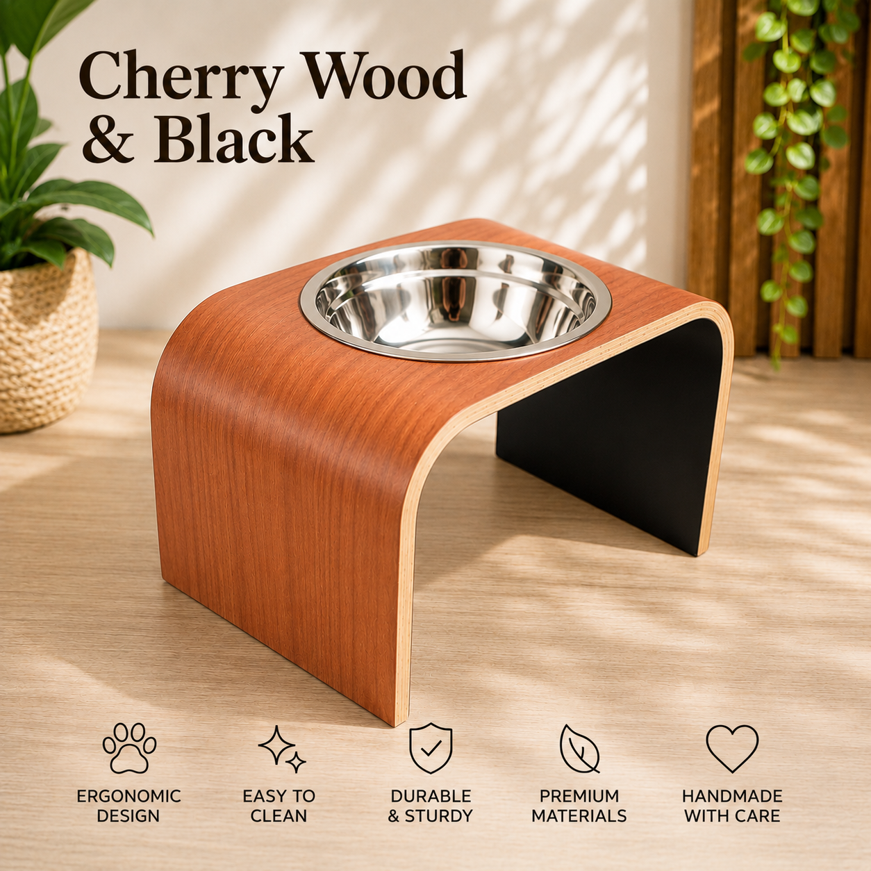Handmade cherry wood raised dog bowl stand with stainless steel bowl, modern curved wooden elevated feeder for dogs and cats by Lola & Daisy Designer Pets.