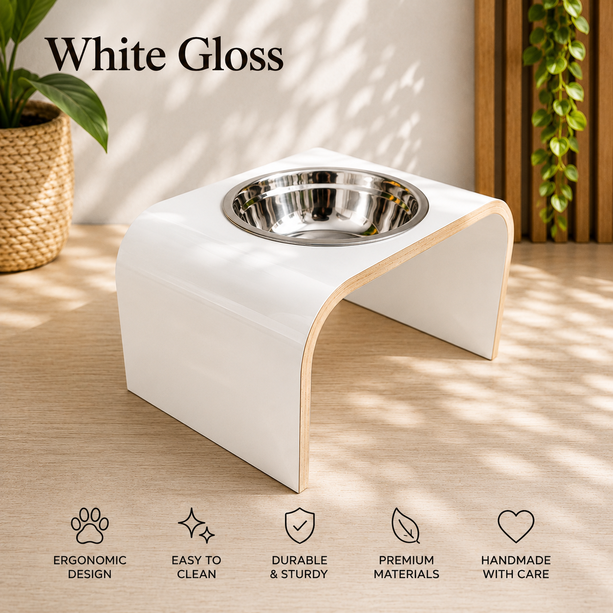 Handmade white shell raised dog bowl stand with stainless steel bowl, modern curved wooden elevated feeder for dogs and cats by Lola & Daisy Designer Pets.