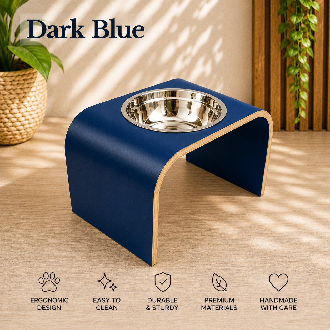 Handmade dark blue raised dog bowl stand with stainless steel bowl, modern curved wooden elevated feeder for dogs and cats by Lola & Daisy Designer Pets.