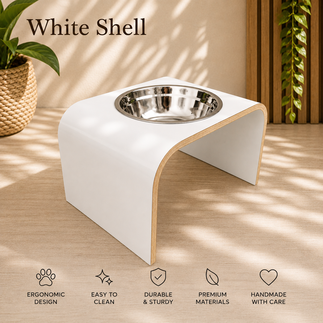 Handmade whit gloss raised dog bowl stand with stainless steel bowl, modern curved wooden elevated feeder for dogs and cats by Lola & Daisy Designer Pets.