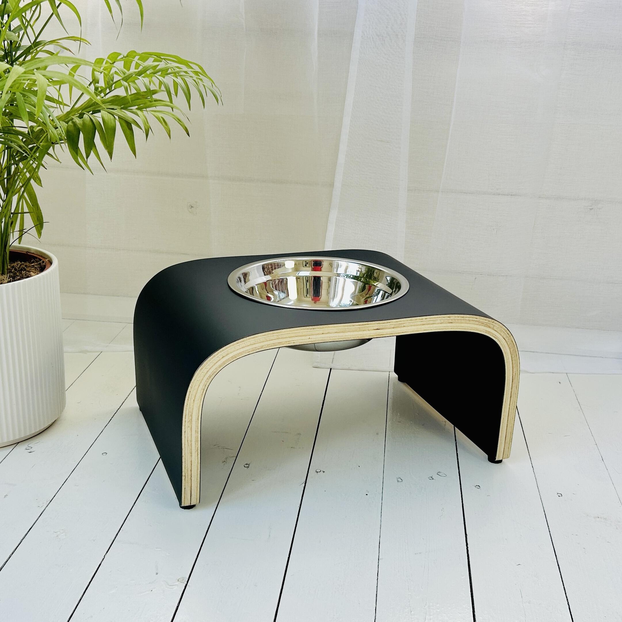 front view of wooden single bowl dog stand