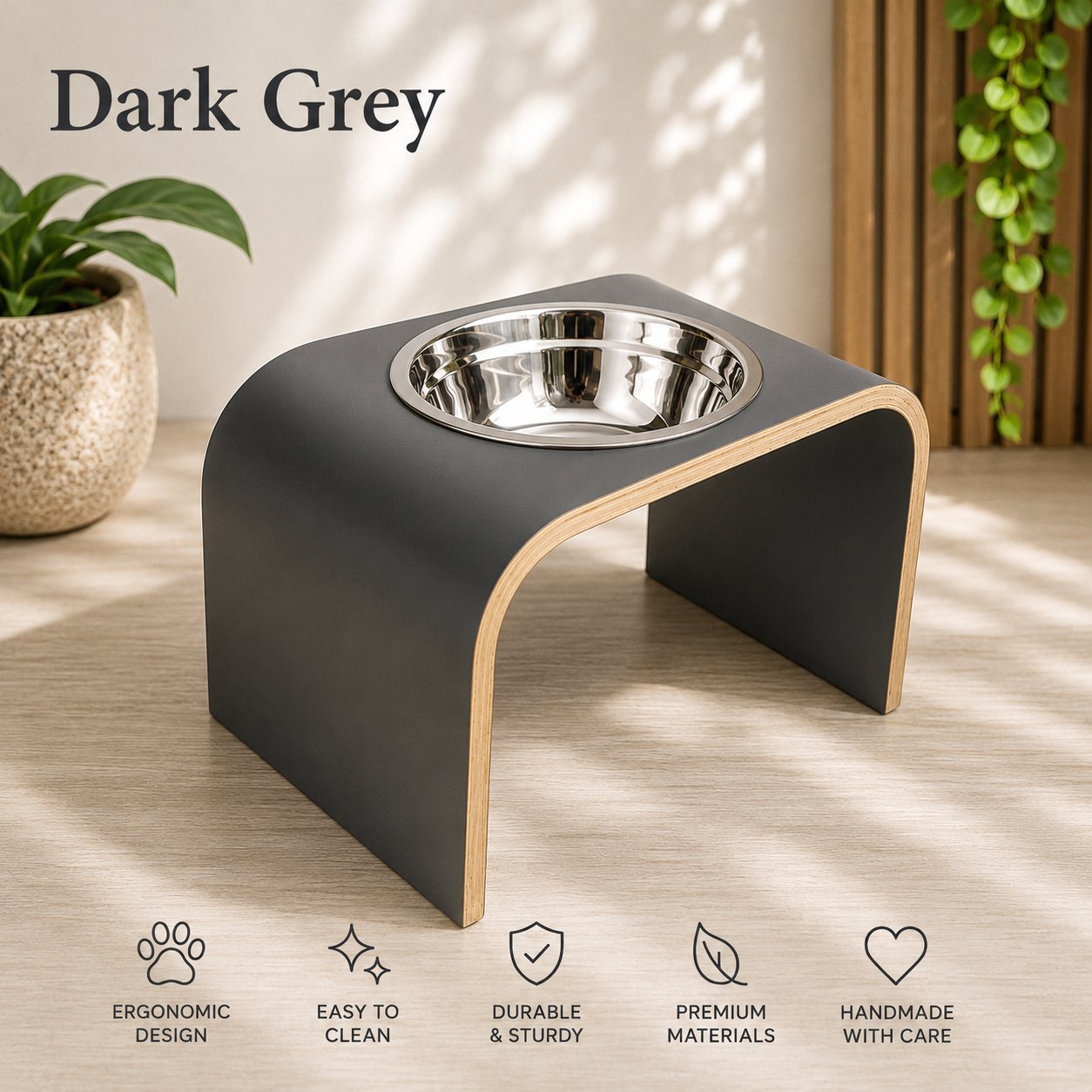 Handmade dark grey raised dog bowl stand with stainless steel bowl, modern curved wooden elevated feeder for dogs and cats by Lola & Daisy Designer Pets.