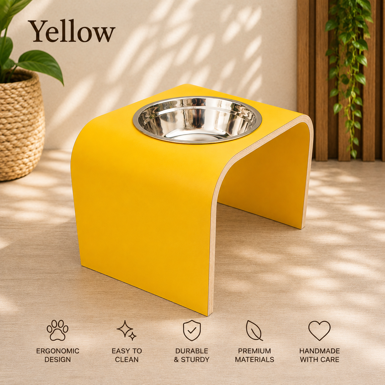Handmade yellow raised dog bowl stand with stainless steel bowl, modern curved wooden elevated feeder for dogs and cats by Lola & Daisy Designer Pets.