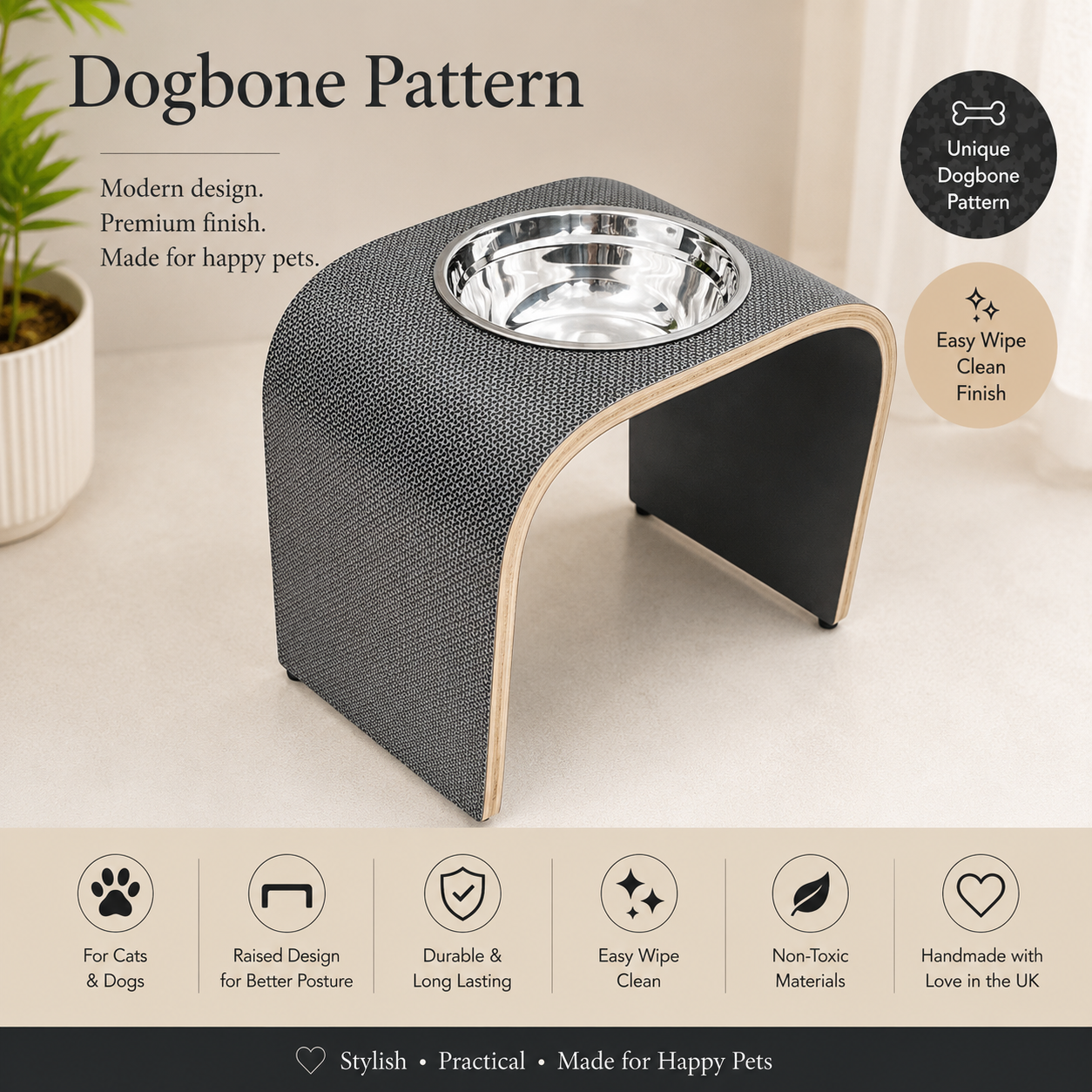 Handmade raised pet bowl stand with a unique dogbone pattern laminate, curved wooden design, and removable stainless steel bowl. Premium elevated feeder for cats and small dogs featuring a durable, easy-clean surface, modern minimalist styling, and handcrafted quality, displayed in a bright contemporary home setting.