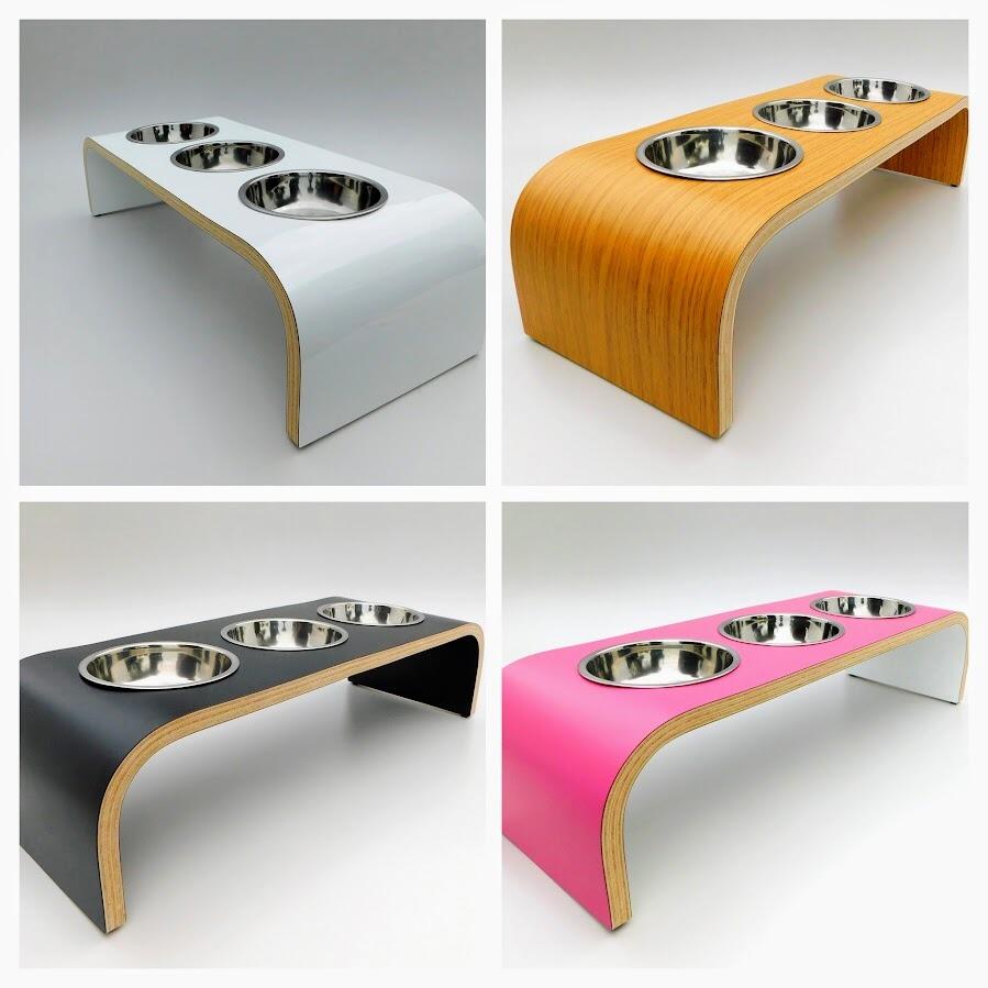 White, oak, black and pink and white raised pet feeders