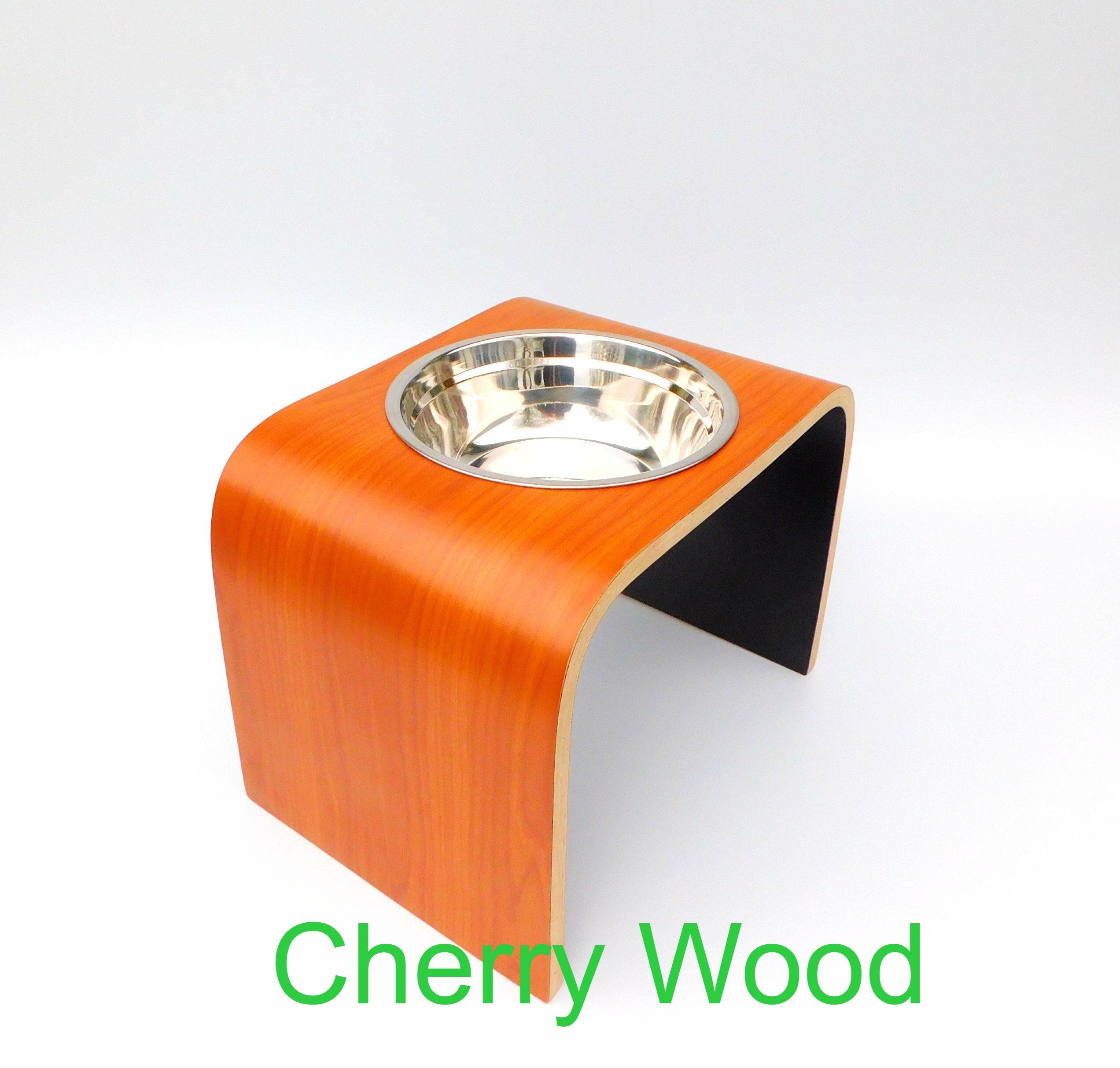 left above view of cherry wood single bowl wooden dog stand