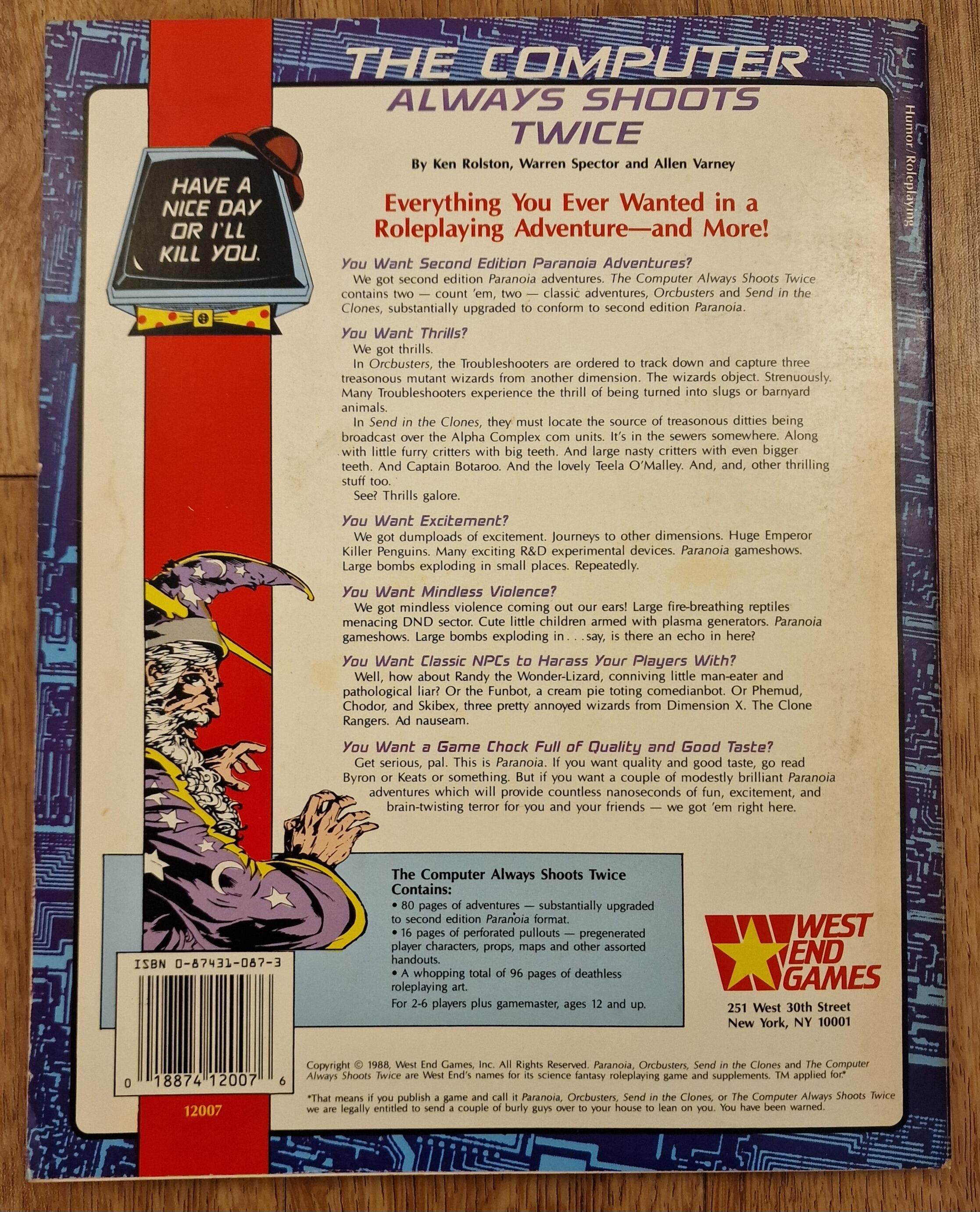 Paranoia Adventures The Computer Always Shoots Twice by West End Games