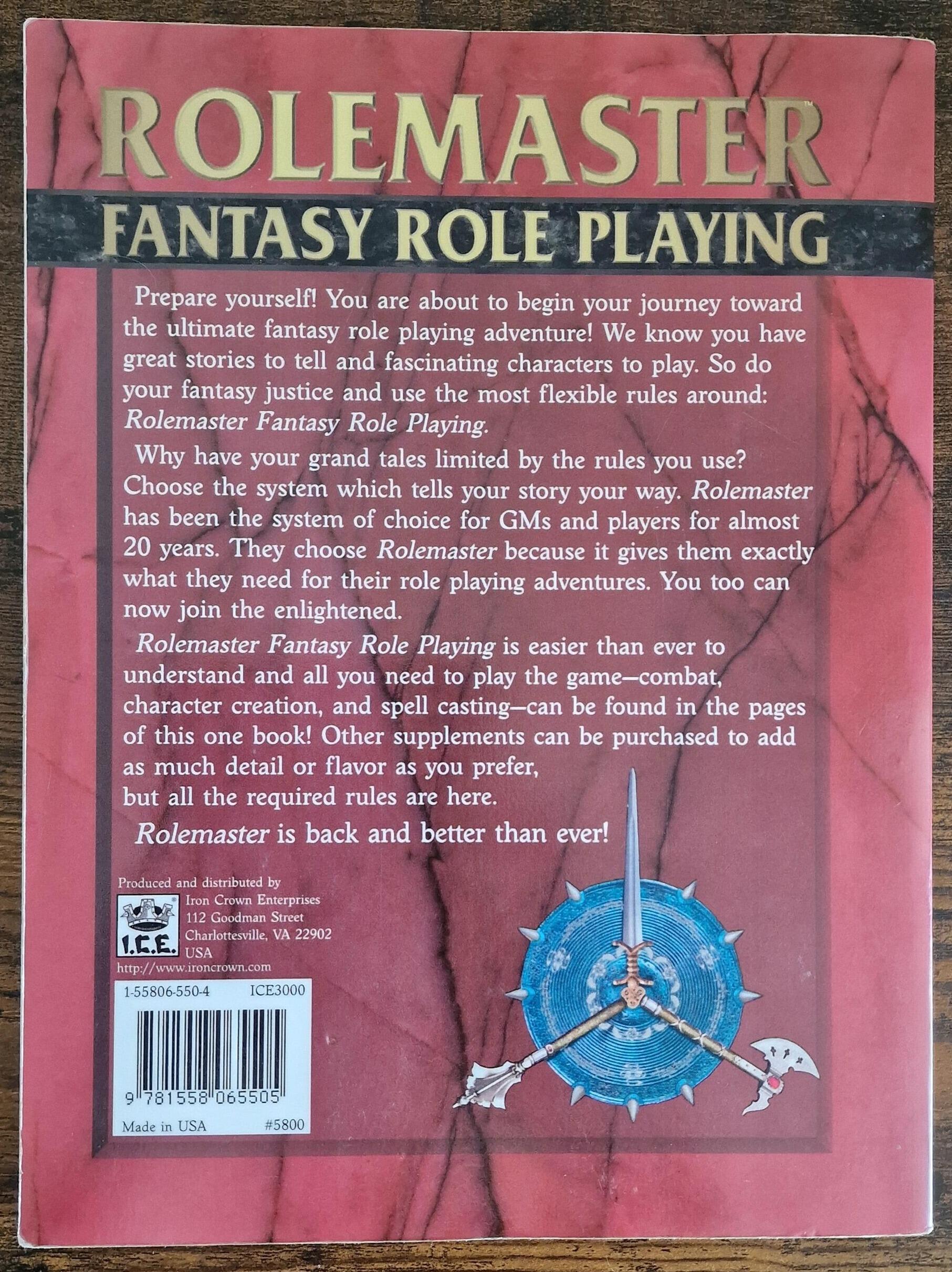 Rolemaster Fantasy Role Playing Core Rules Print on Demand Version