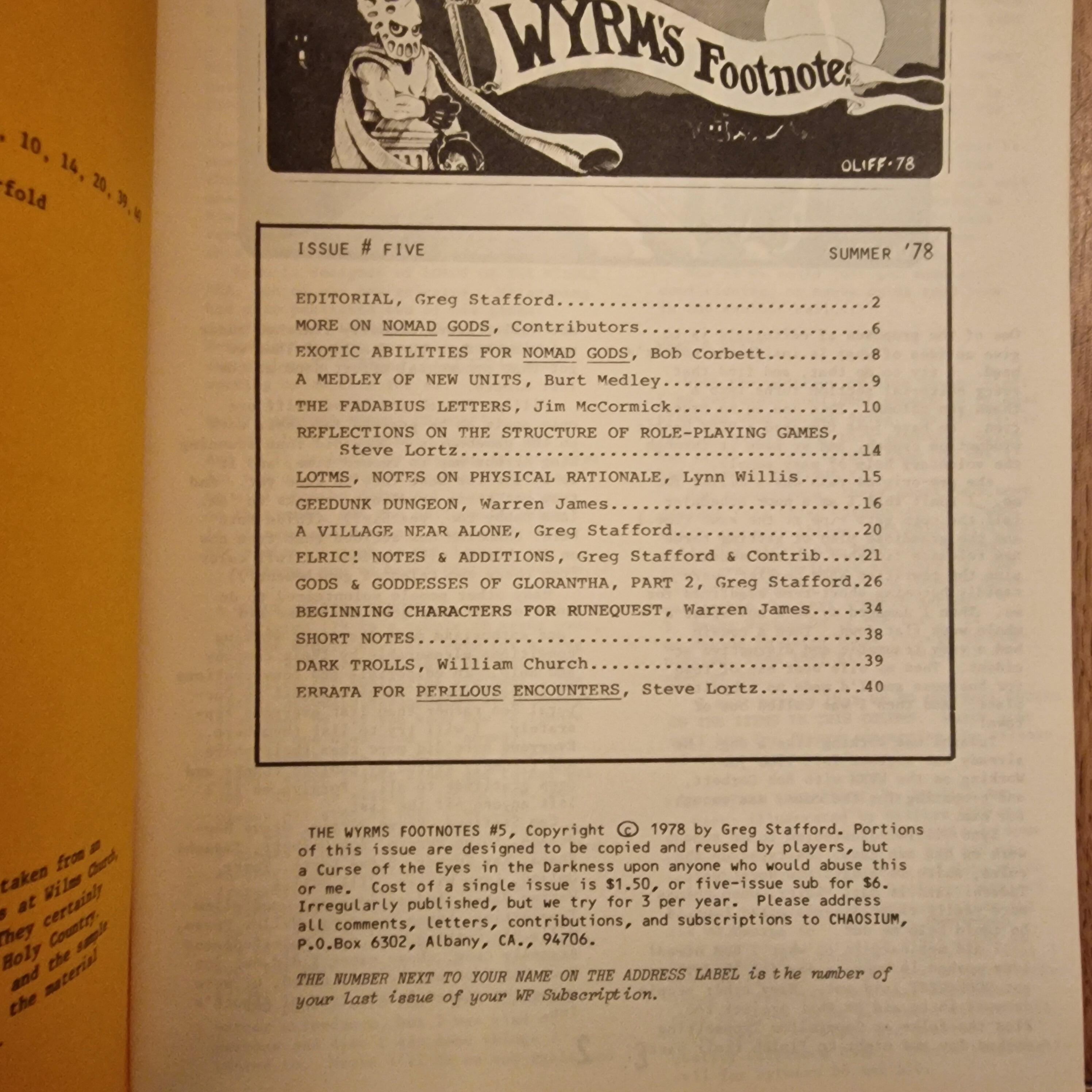 Issue Footnotes Wyrm's Footnotes Issue 5 by Chaosium