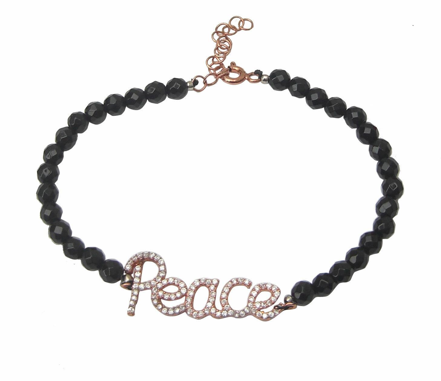 Faceted black onyx beaded bracelet with peace - Blooms of London - Designs inspired by nature