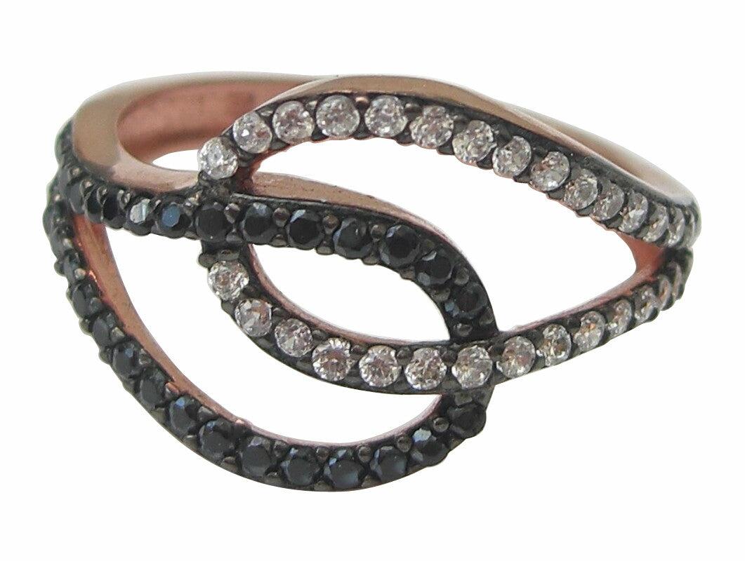 Double drop rose gold ring black and white crystal encrusted - Blooms of London - Designs inspired by nature