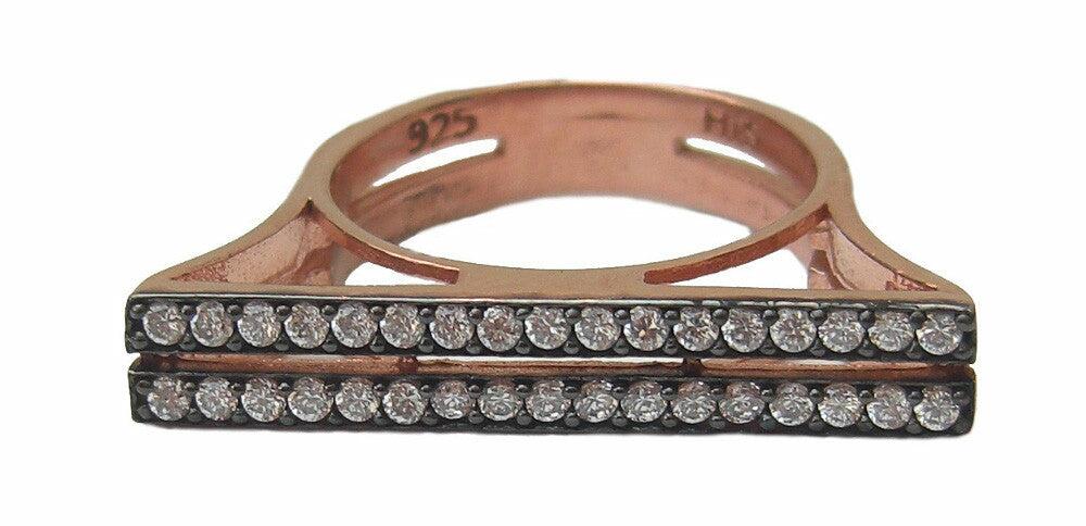 Gold rose vermeil ring with two lines of encrusted crystal - Blooms of London - Designs inspired by nature
